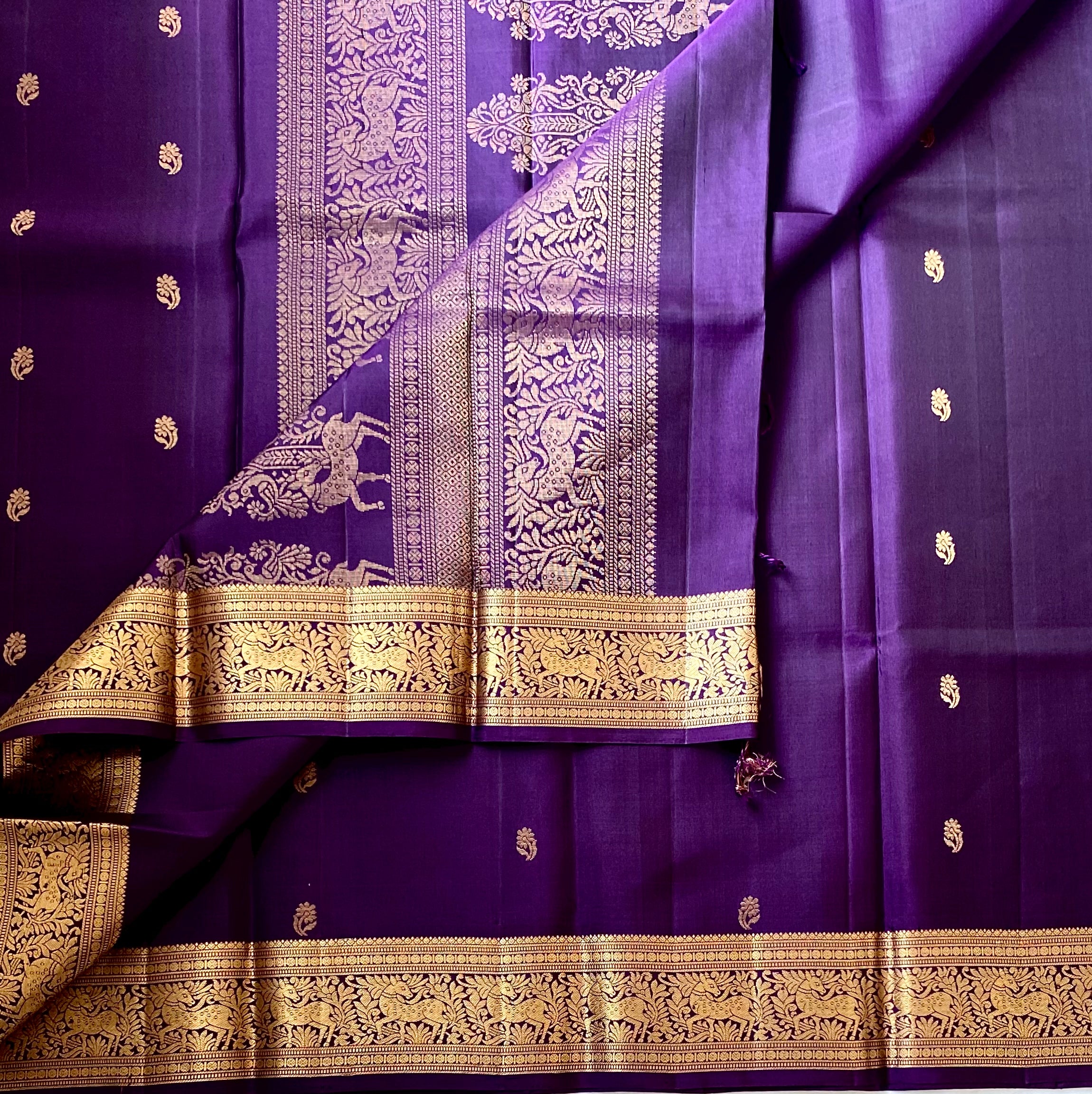 Royal Purple Saree Gold Woven Border Elephant Floral Pallu Silky