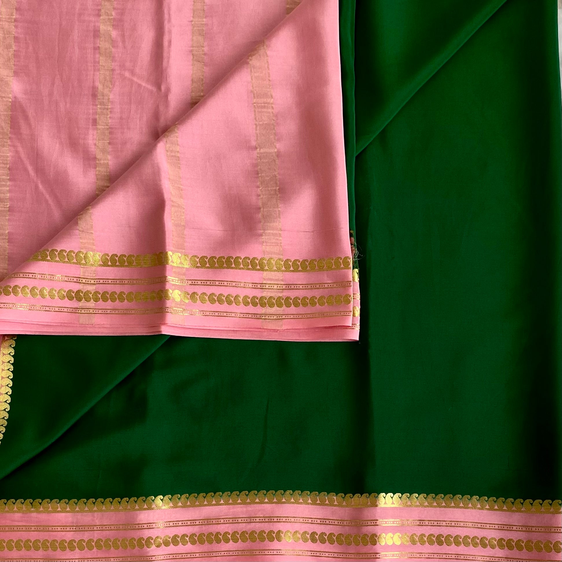 Rose Pink Mysore Crepe Silk Saree Emerald Green Pallu Zari Border