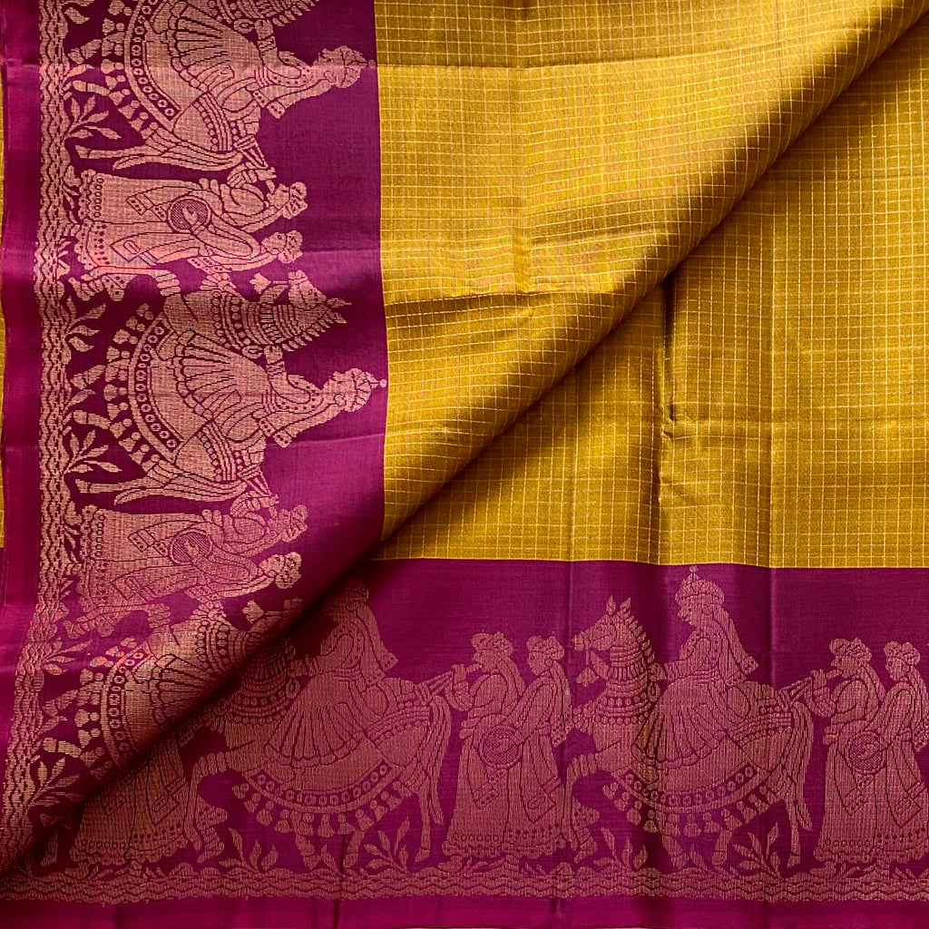 Mustard Gold Designer Pure Silk Saree With Rich Magenta Pallu