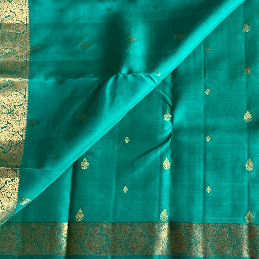 Metallic Sea Green Designer Pure Silk Saree With Gold Brocade Butta