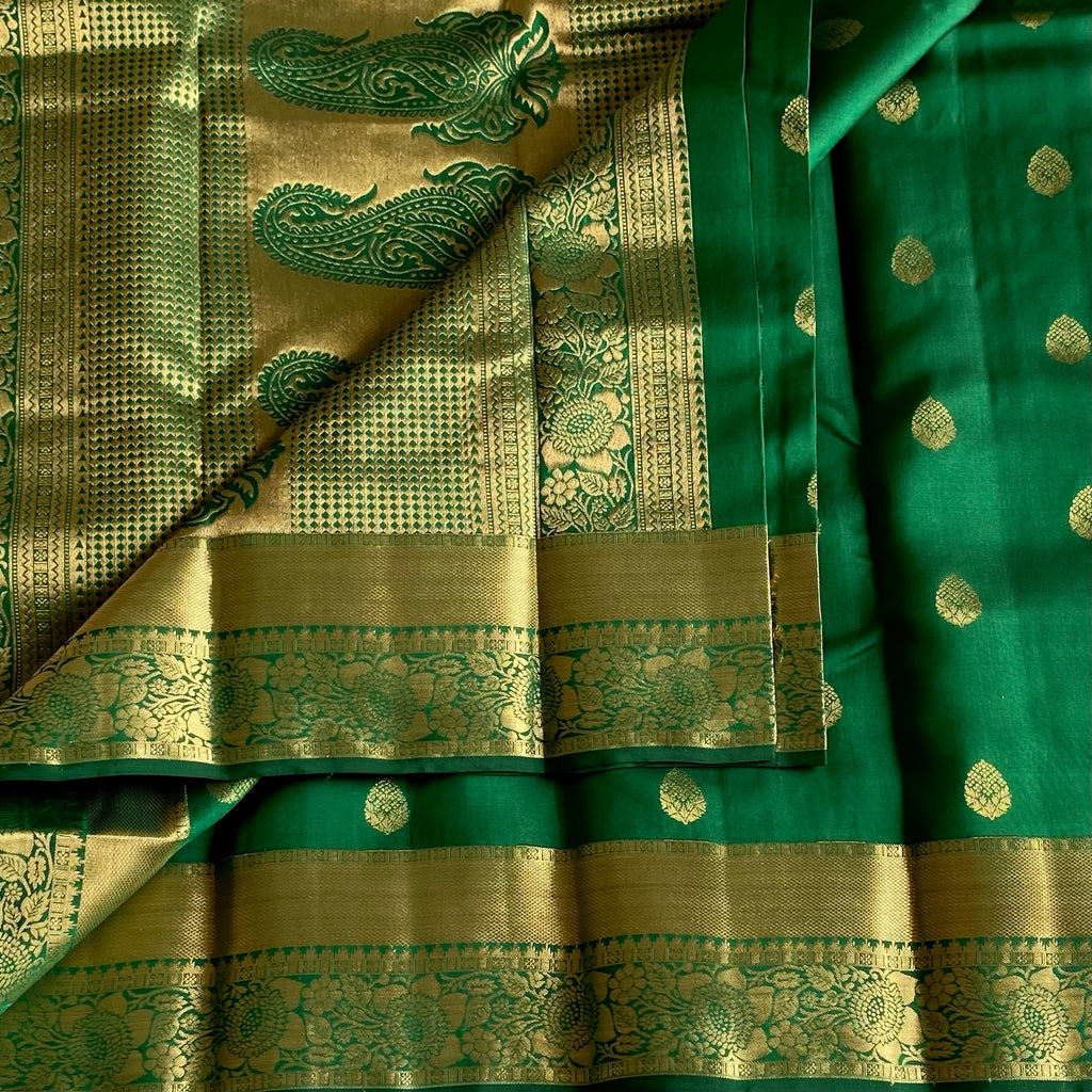 Emerald Green Designer Pure Silk Saree With Metallic Gold Paisley Panels