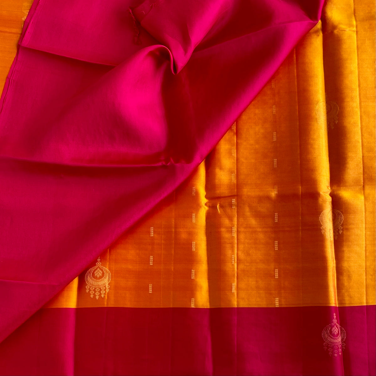 Saffron Orange & Rani Pink Designer Pure Silk Saree WithGold Zari