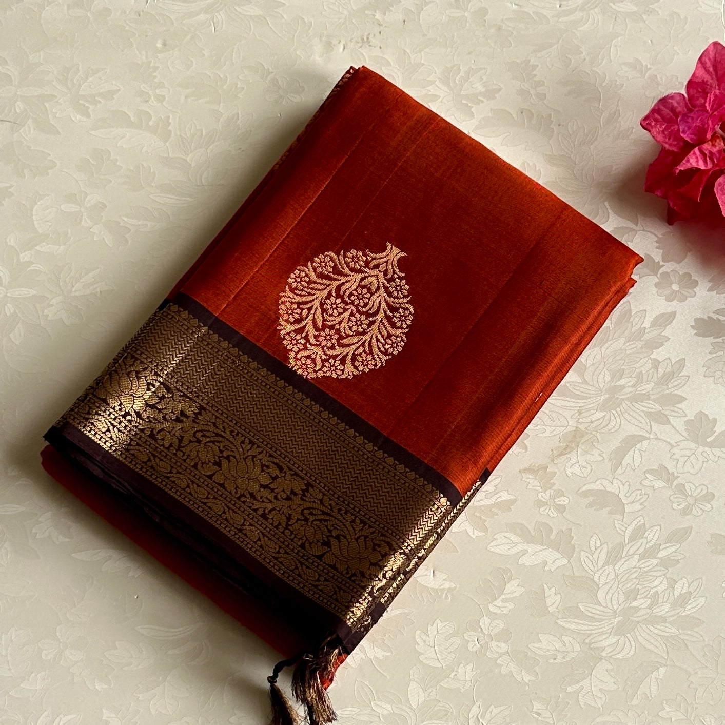 Exquisite Vintage Rust with Wine Brown Designer Pure Silk with Brocade borders