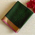 Bottle Green And Rani Pink Checkered Mysore Crepe Silk