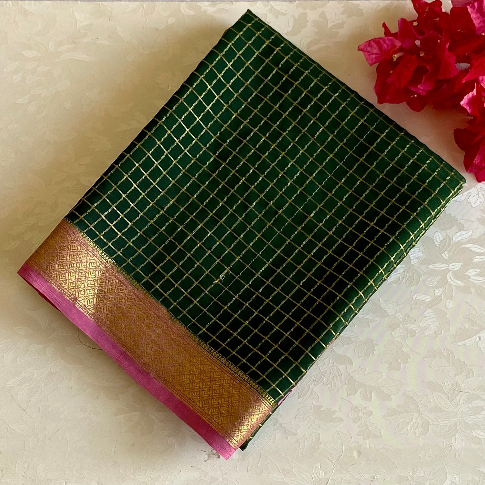 Bottle Green And Rani Pink Checkered Mysore Crepe Silk