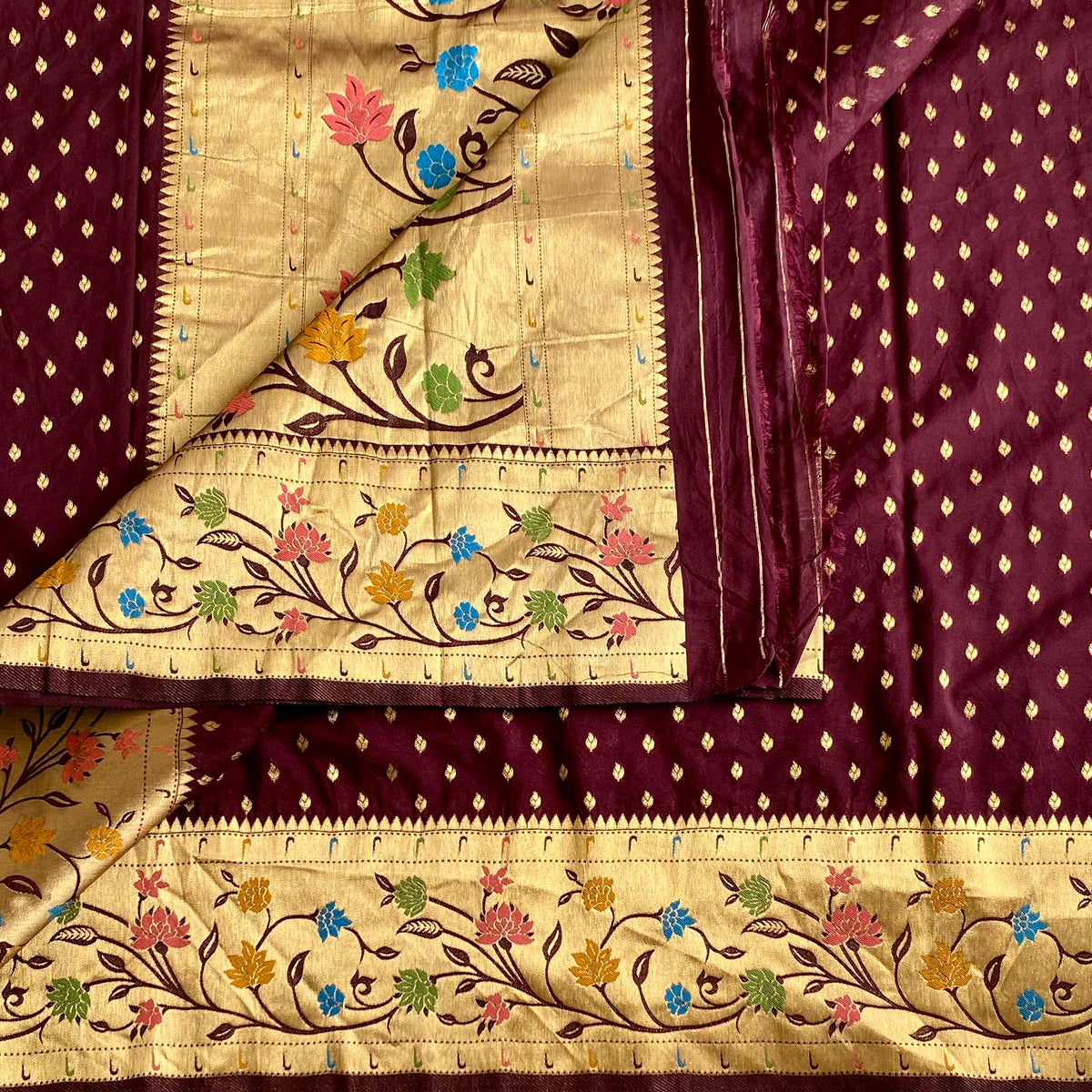 Deep Chocolate Wine Soft Crepe Silk Saree With Antique Gold Pallu Floral Border