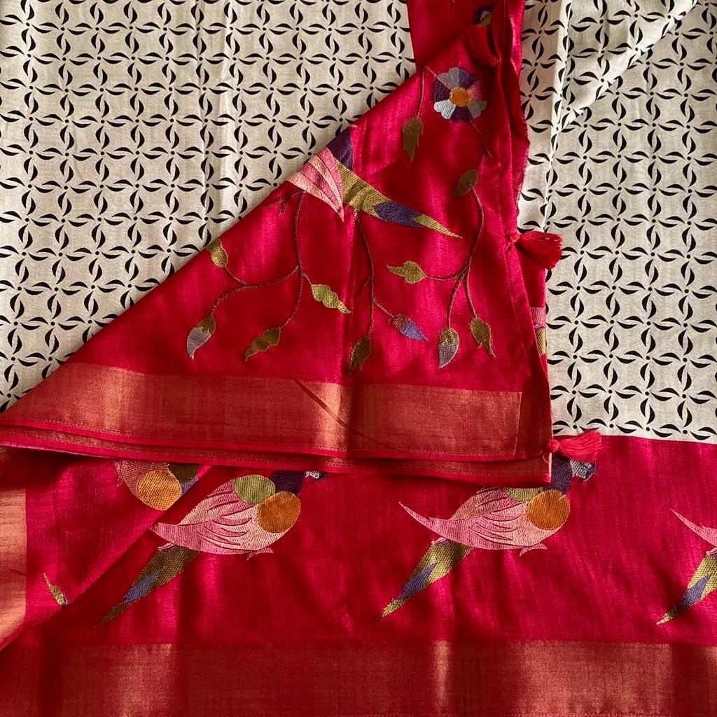 Ivory Printed Softest Tussar with Cherry Embroidered Borders