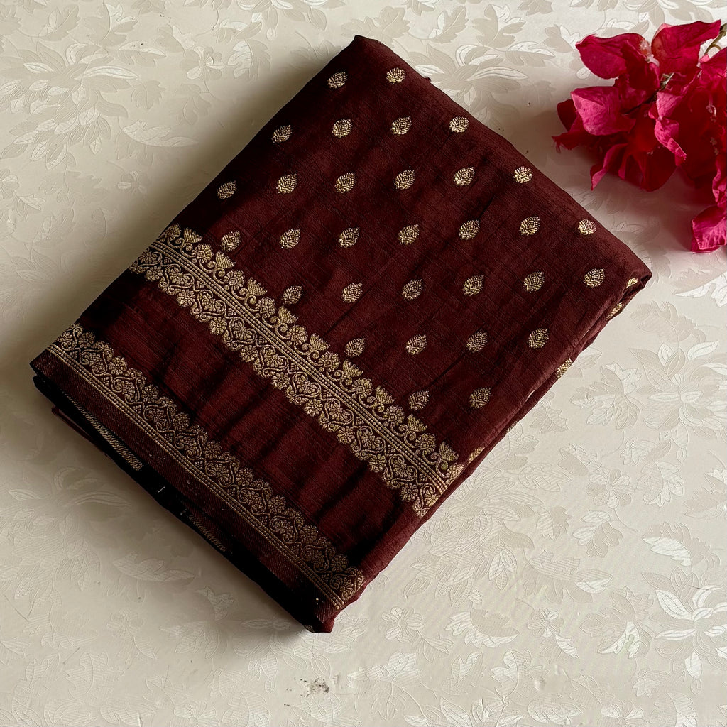 Deep Chocolate Maroon Soft Tussar Silk Saree With Rich Gold Brocade Pallu