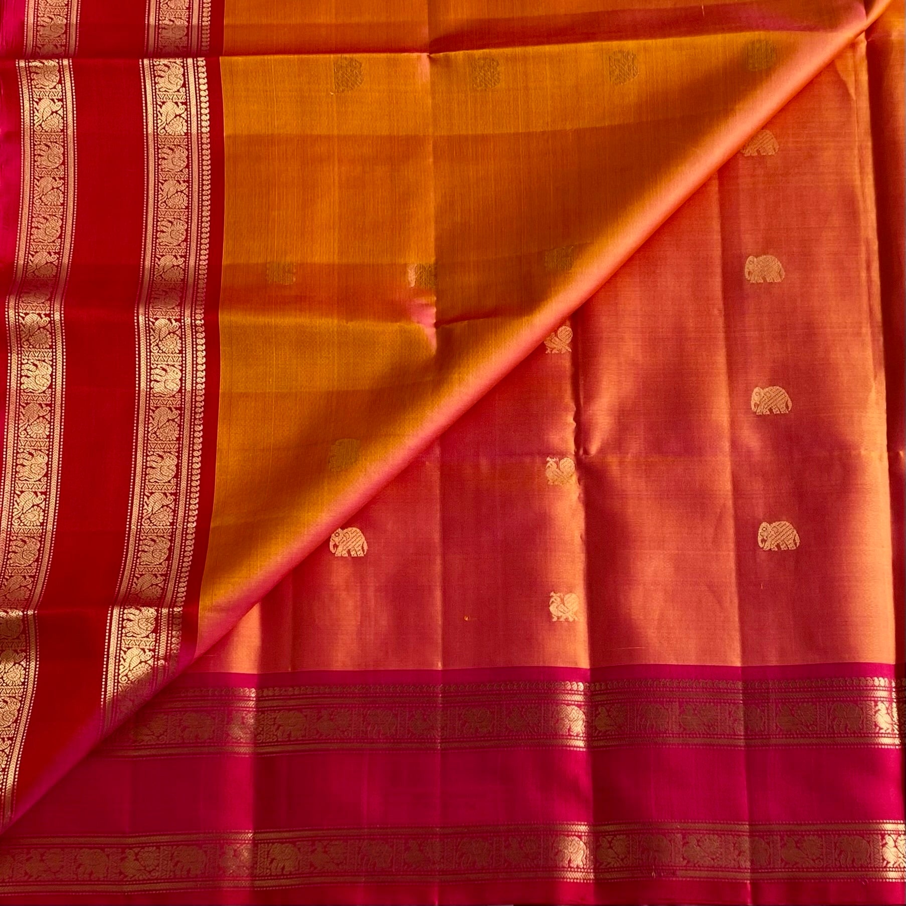 Dual Shaded Spanish Orange Designer Pure Silk Saree With Rani Pink Pallu