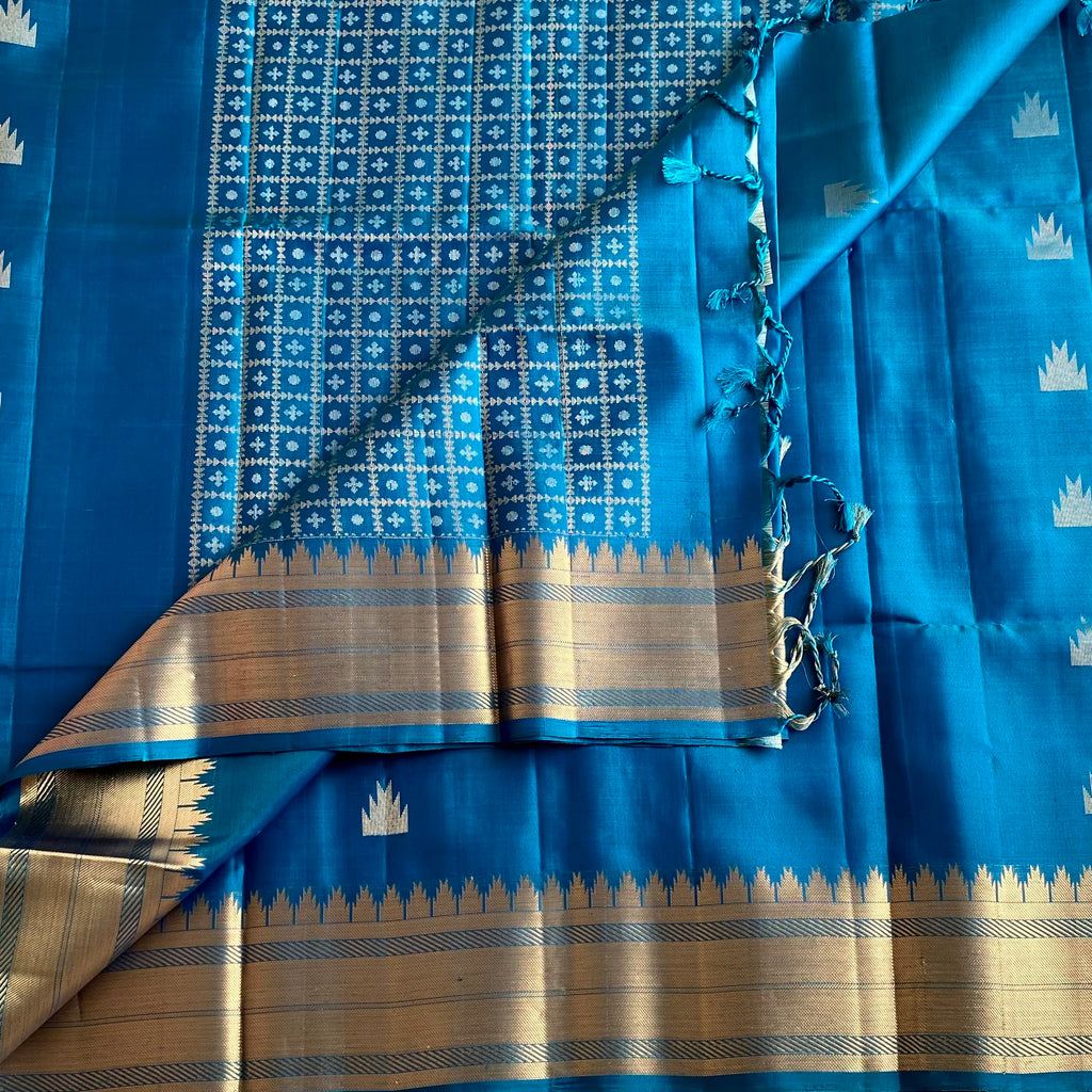 Peacock Blue Designer Pure Silk Saree With Antique Gold Border