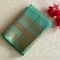 Sea Green Designer Pure Silk Saree Antique Gold Zari Border Contrast Pallu