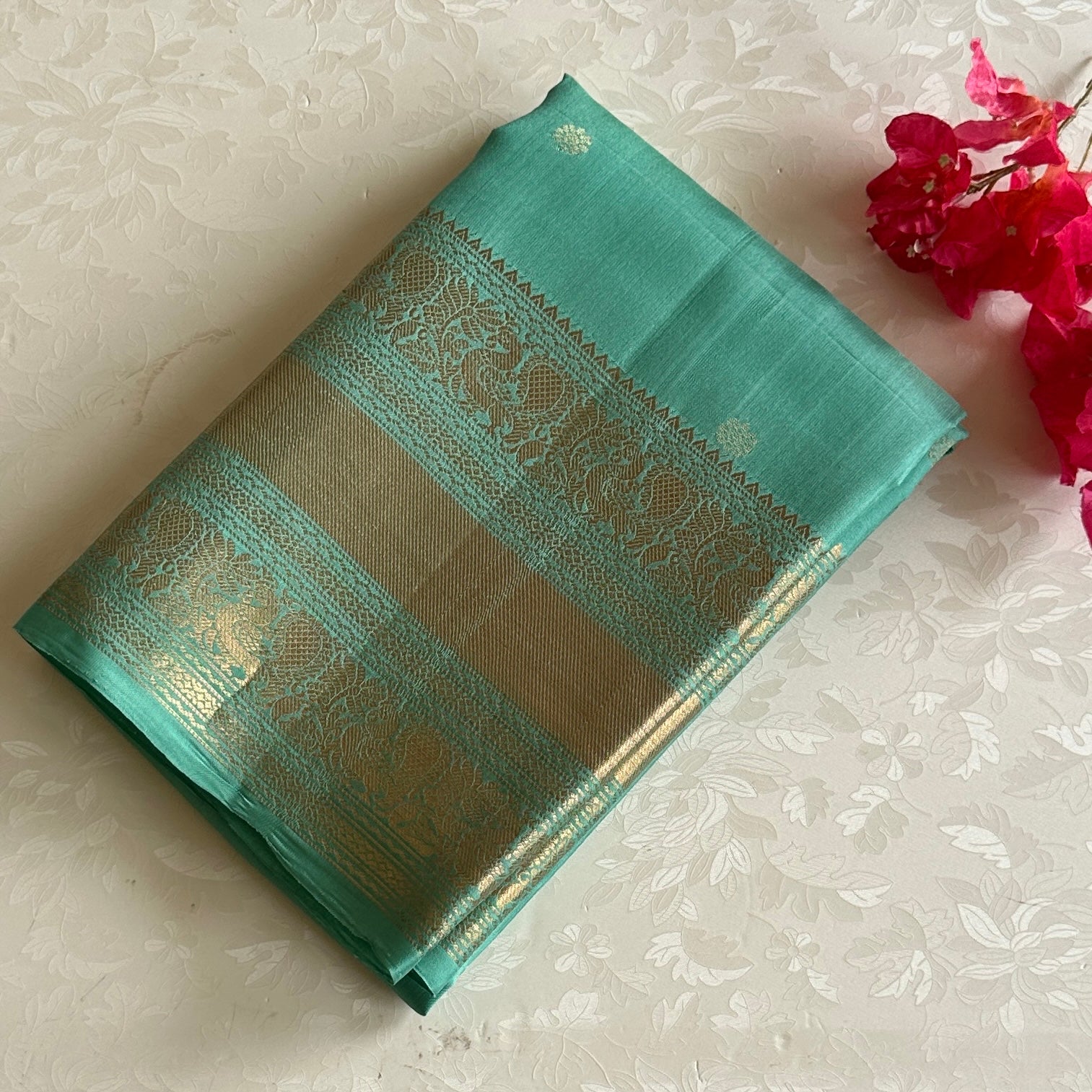 Sea Green Designer Pure Silk Saree Antique Gold Zari Border Contrast Pallu