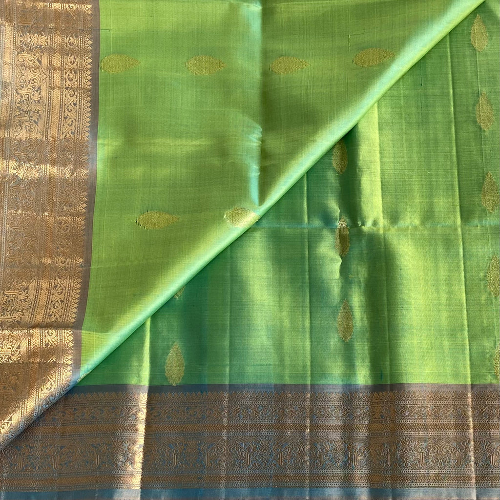 Lime Green Designer Pure Silk Saree With Slate Grey Pallu