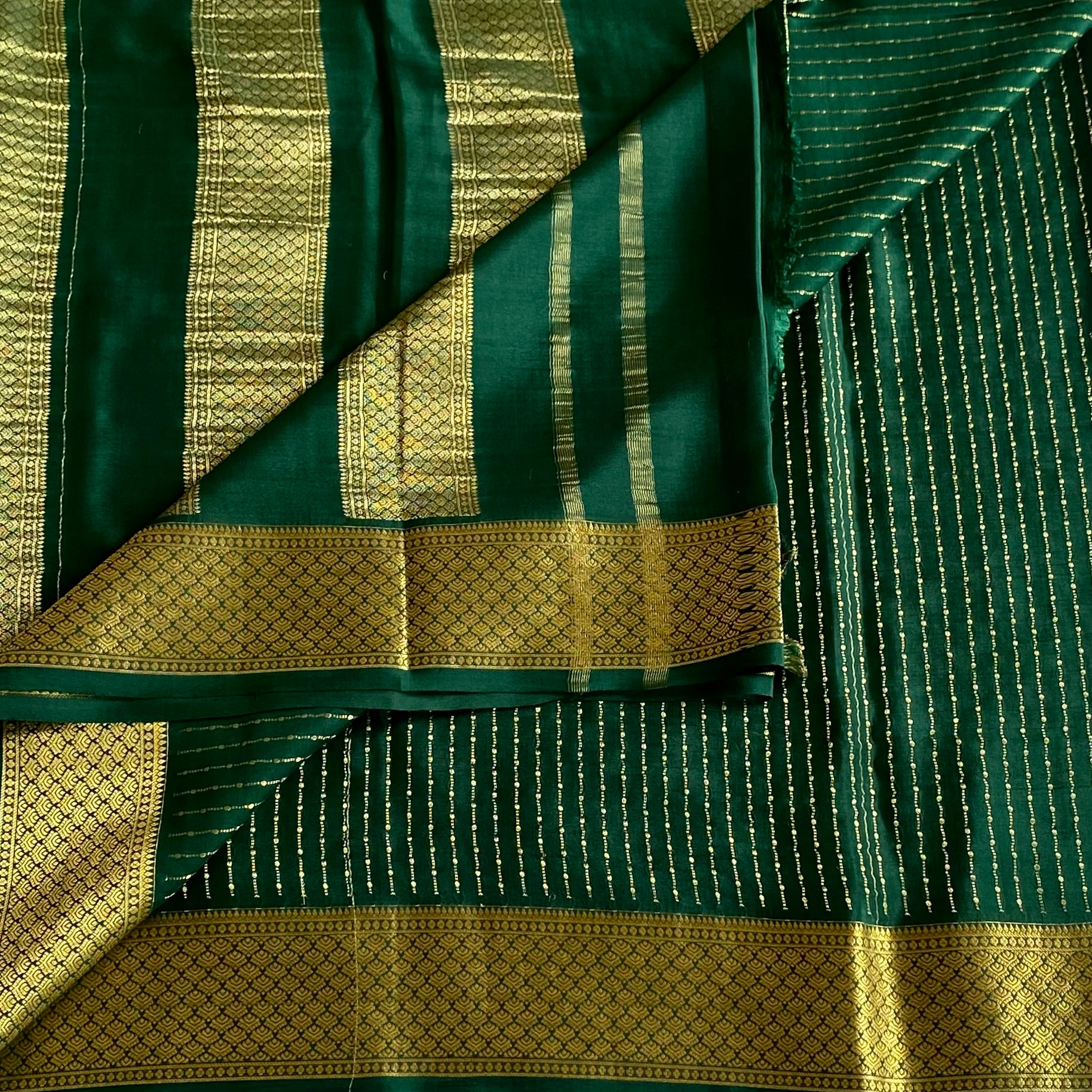 Emerald Green Mysore Crepe Silk Saree With Antique Gold Border