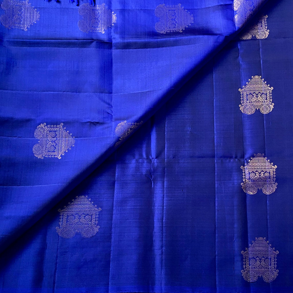 Royal Blue Silk Saree Gold Zari Chariot Floral Brocade Pallu