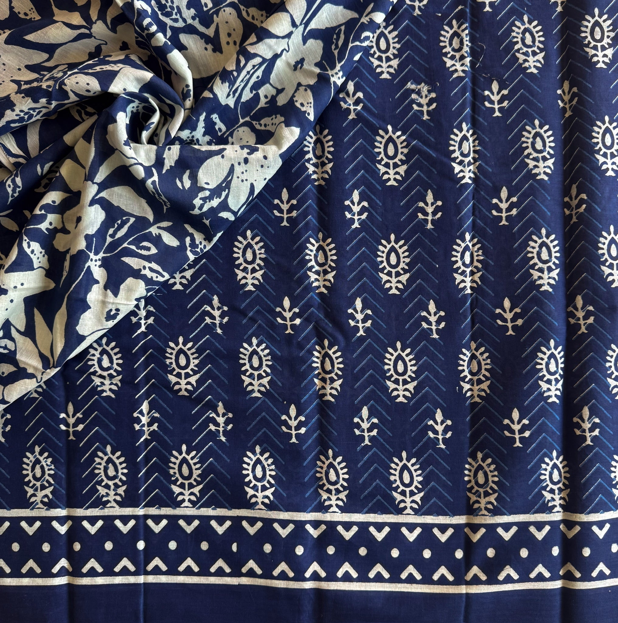 Indigo Block Print Cotton Saree Leaf Floral Border Soft Fall