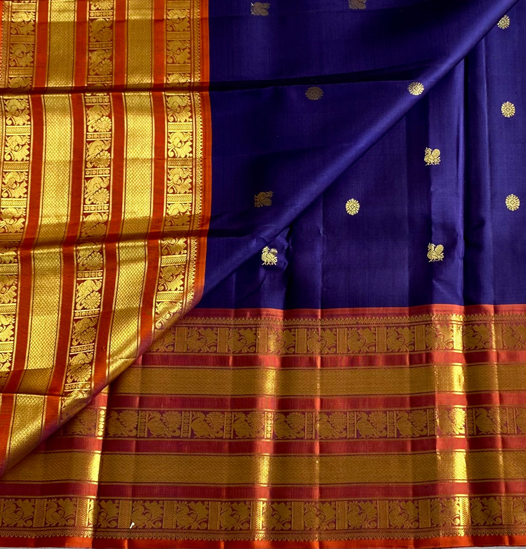 Royal Blue Saffron Orange Silk Saree With Gold Zari Border