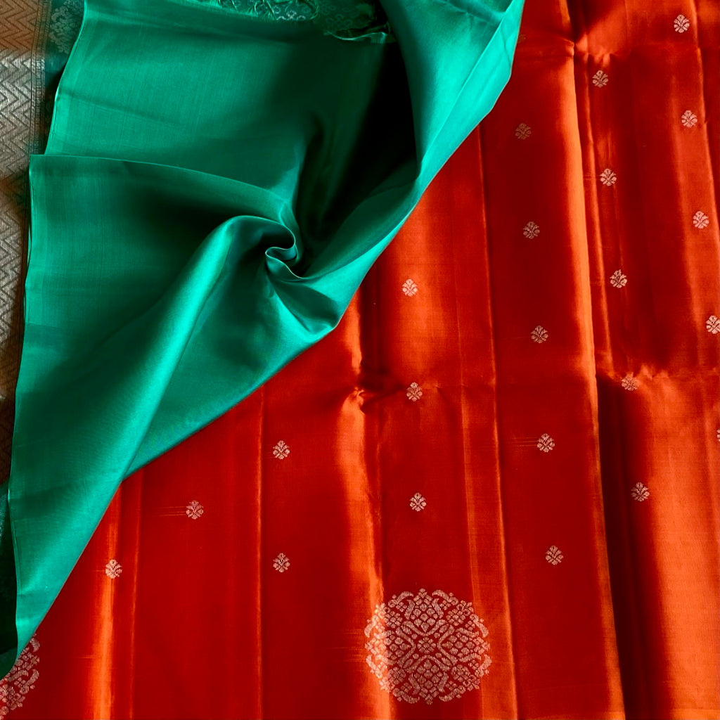 Burnt Orange Designer Pure Silk Saree With Teal Green Pallu