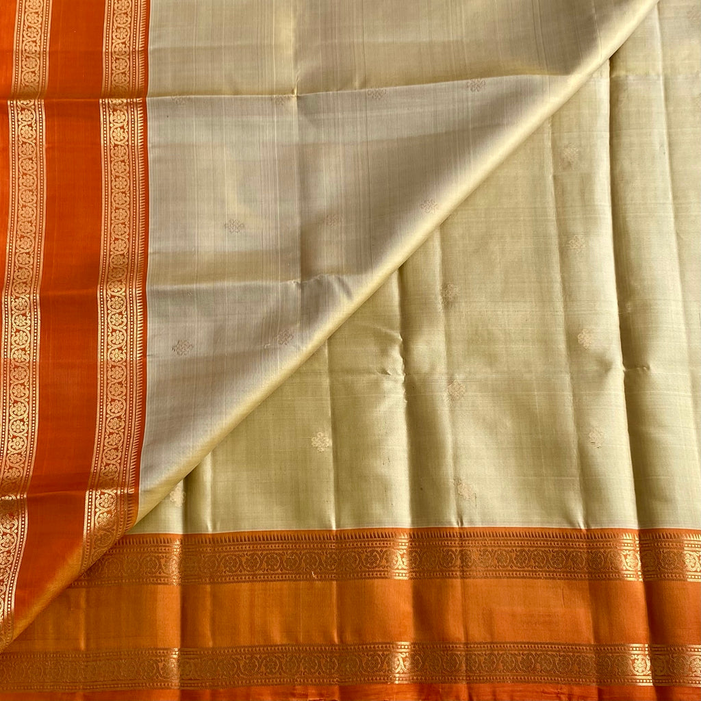 Antique Beige Designer Pure Silk Saree With Saffron Orange Pallu