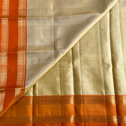 Antique Beige Designer Pure Silk Saree With Saffron Orange Pallu