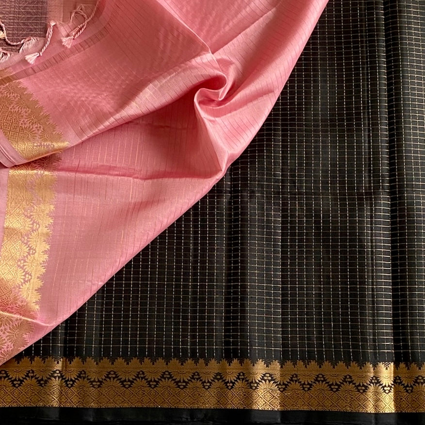 Jet Black Checkered Designer Pure Silk With Blush Pink Pallu