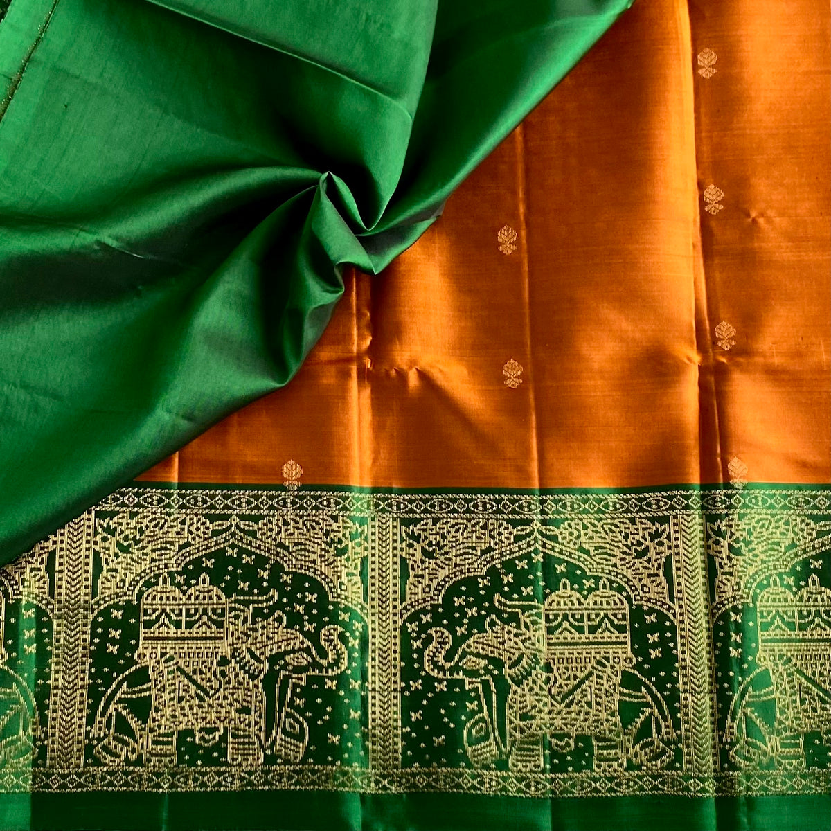 Burnt Orange Designer Pure Silk Saree With Emerald Green Pallu