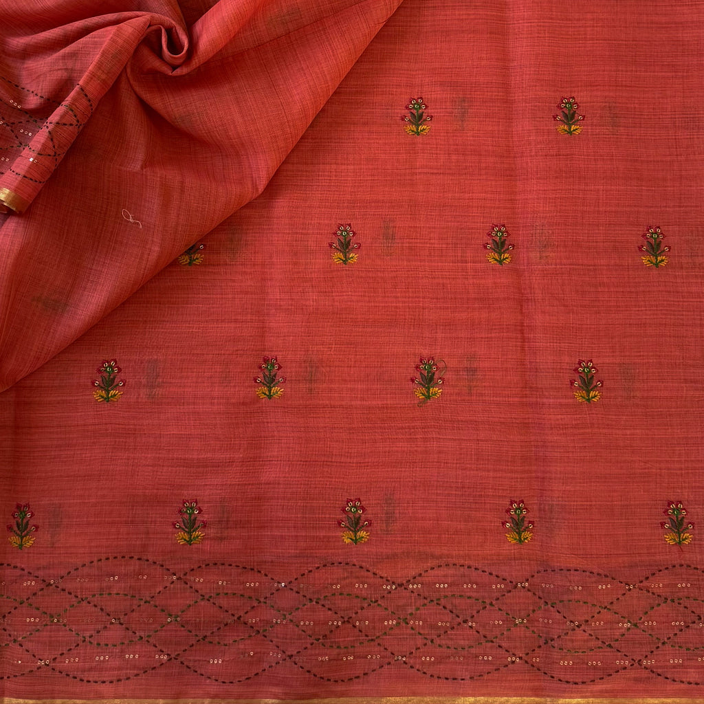 Coral Floral Embroidered Sequined Saree With Golden Border And Tassels