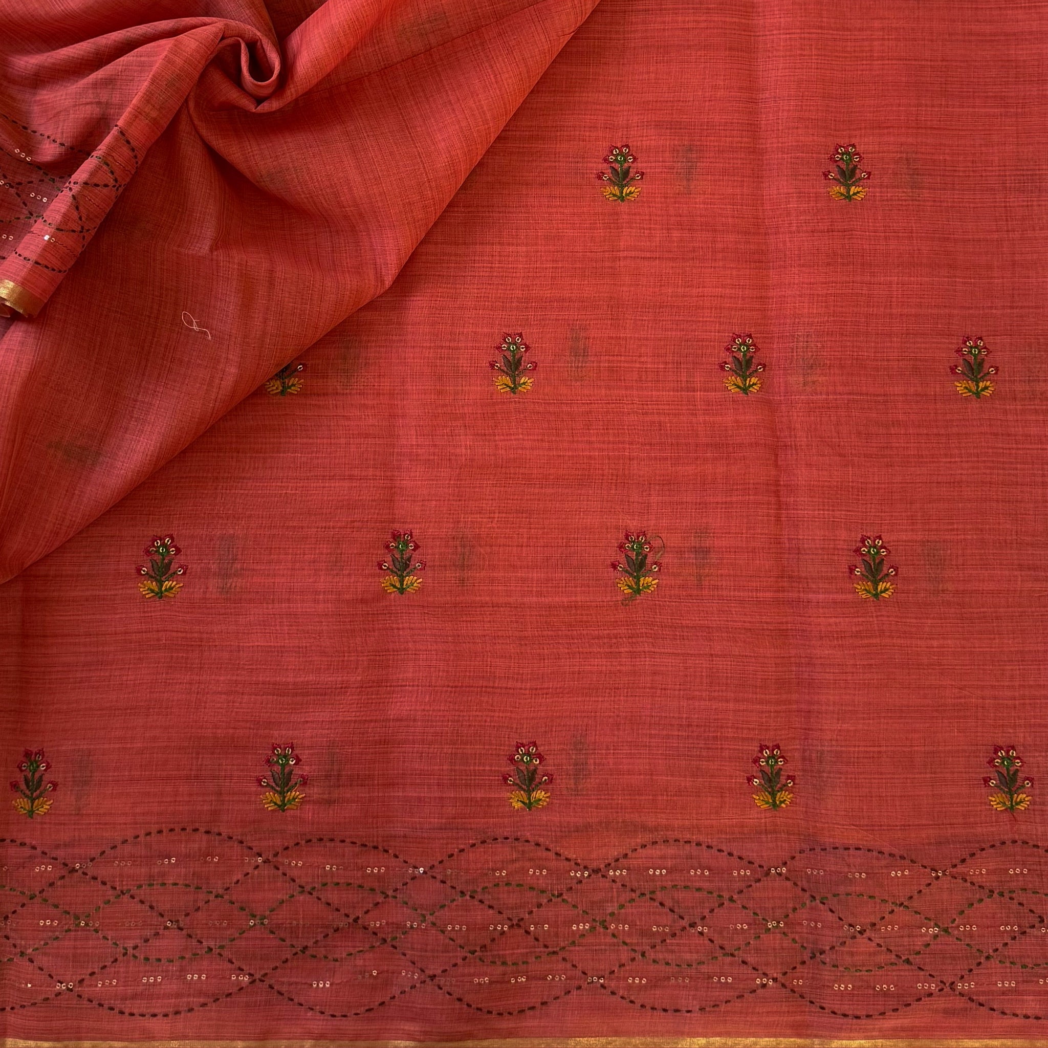Coral Floral Embroidered Sequined Saree With Golden Border And Tassels