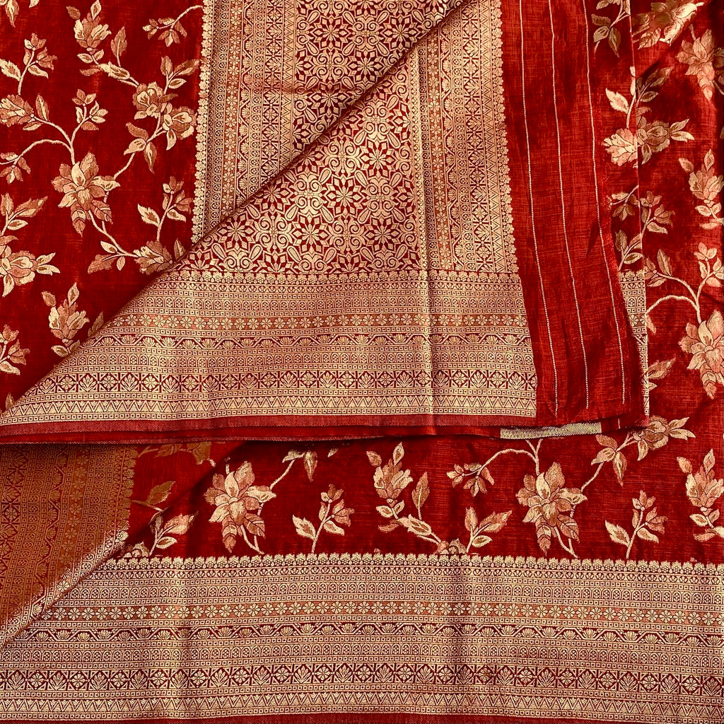 Venetian Rust Red Soft Tussar Silk Saree With Antique Gold Pallu