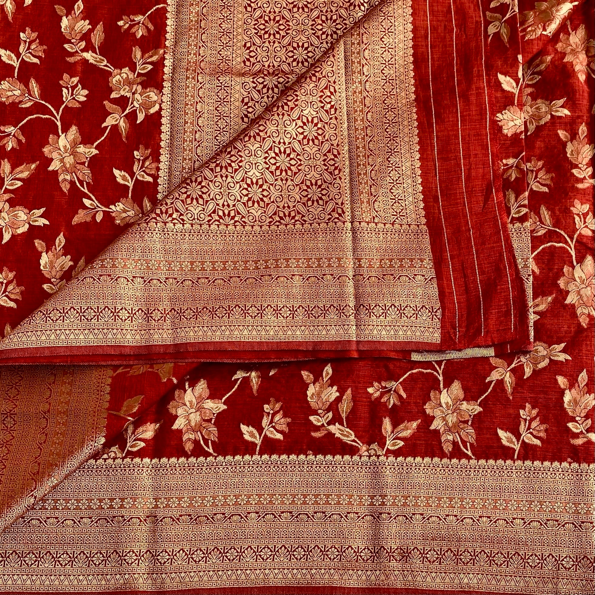 Venetian Rust Red Soft Tussar Silk Saree With Antique Gold Pallu