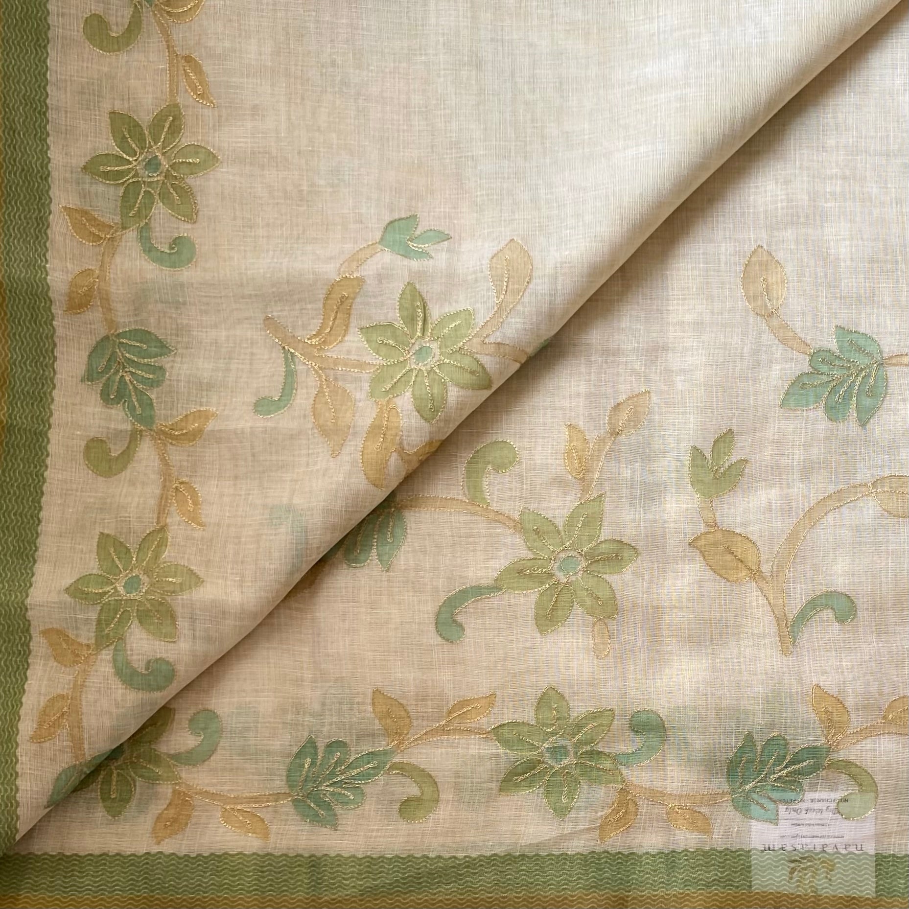 Ecru Sage Floral Embroidered Saree Gold Threadwork Green Border Tassels