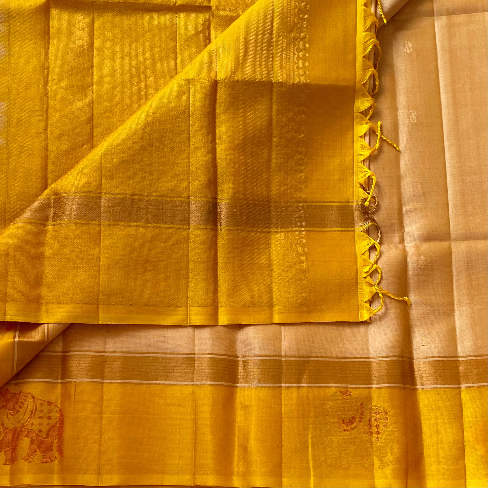Beige With Golden Yellow Lightweight Designer Pure Silk