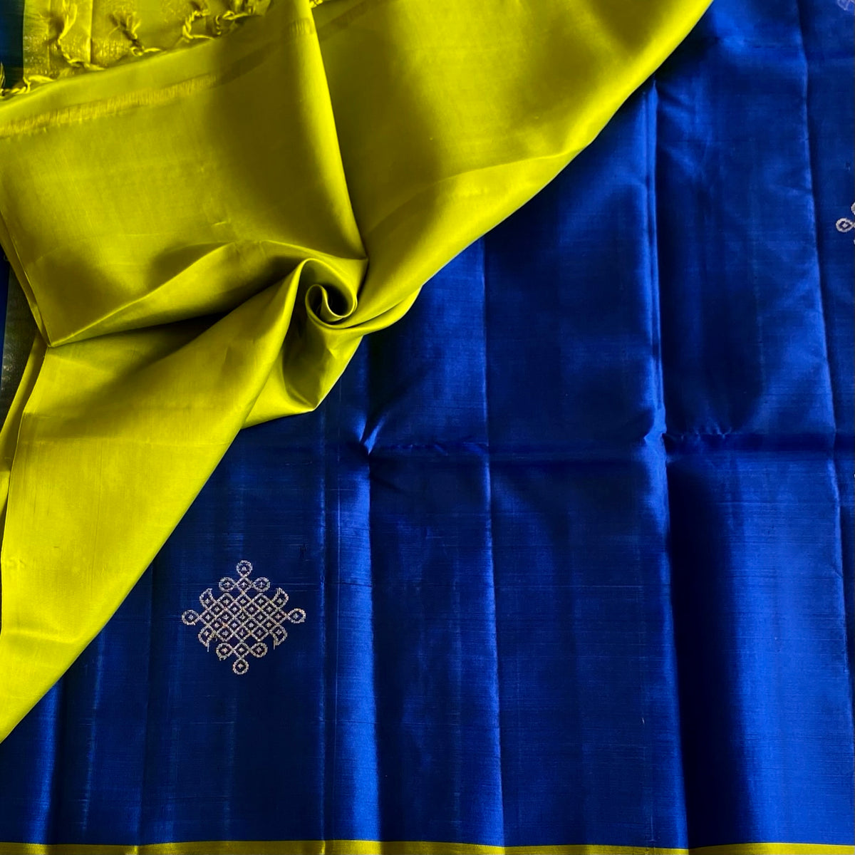 Royal Blue Designer Pure Silk Saree With Lime Green Kollam