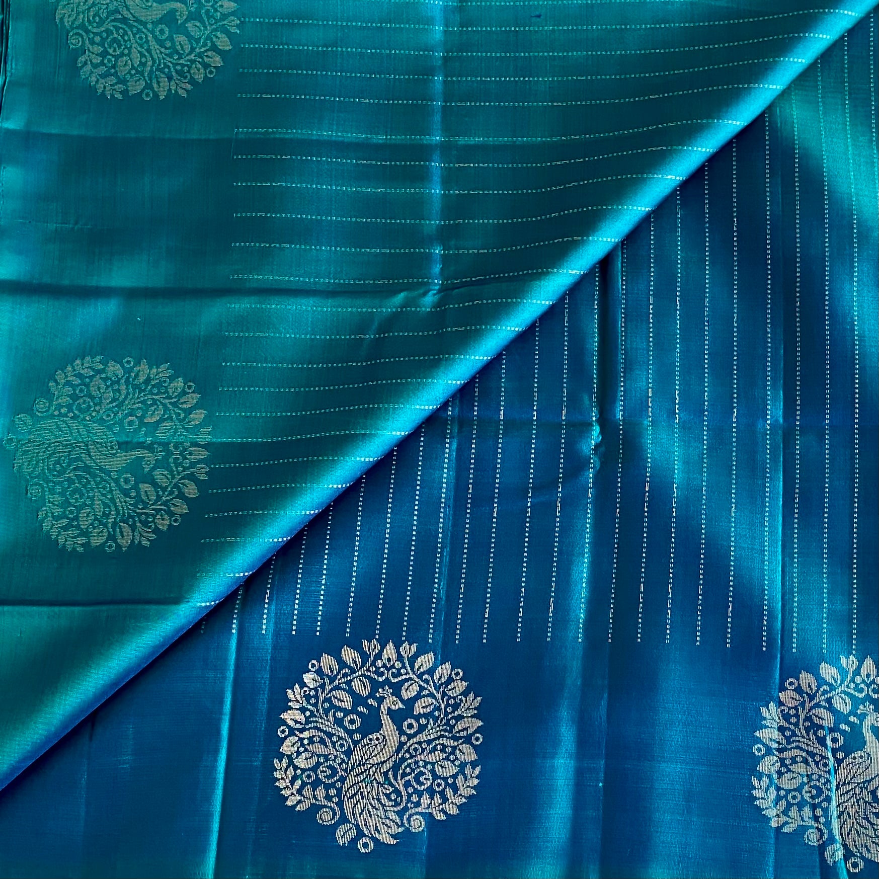 Teal Blue Designer Pure Silk Saree With Emerald Green Pallu