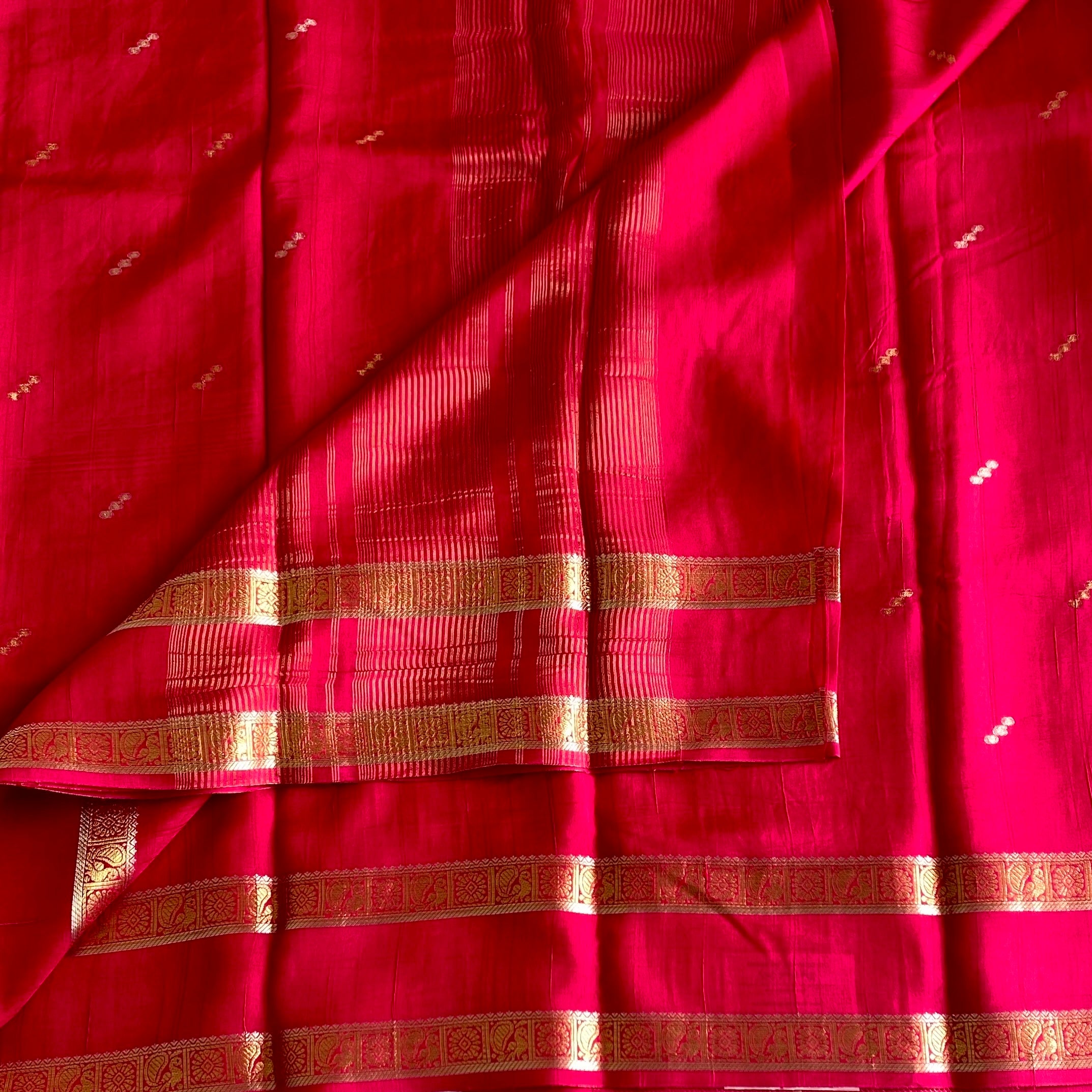 Rani Pink Soft Tussar Silk Saree With Gold Zari Border And Butti