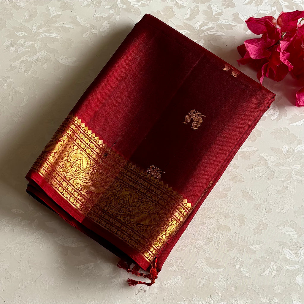 Deep Reddish Maroon Designer Pure Silk Saree With Antique Gold Zari