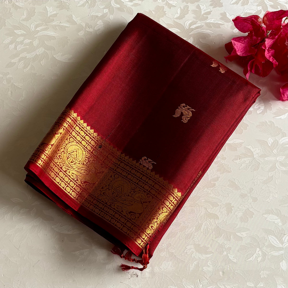 Deep Reddish Maroon Designer Pure Silk Saree With Antique Gold Zari