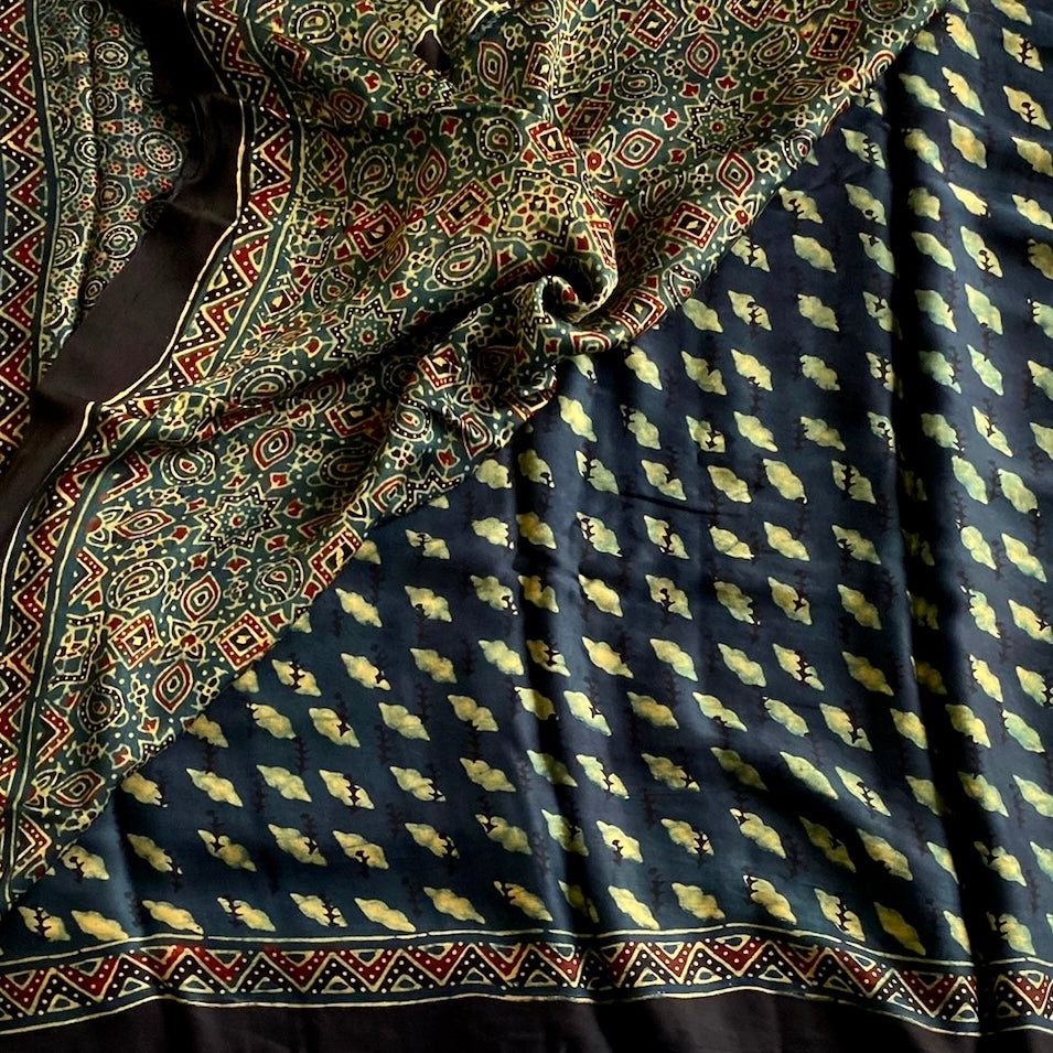 Deep Teal Ajrakh Handblock Printed Silk Saree With Olive Green Pallu