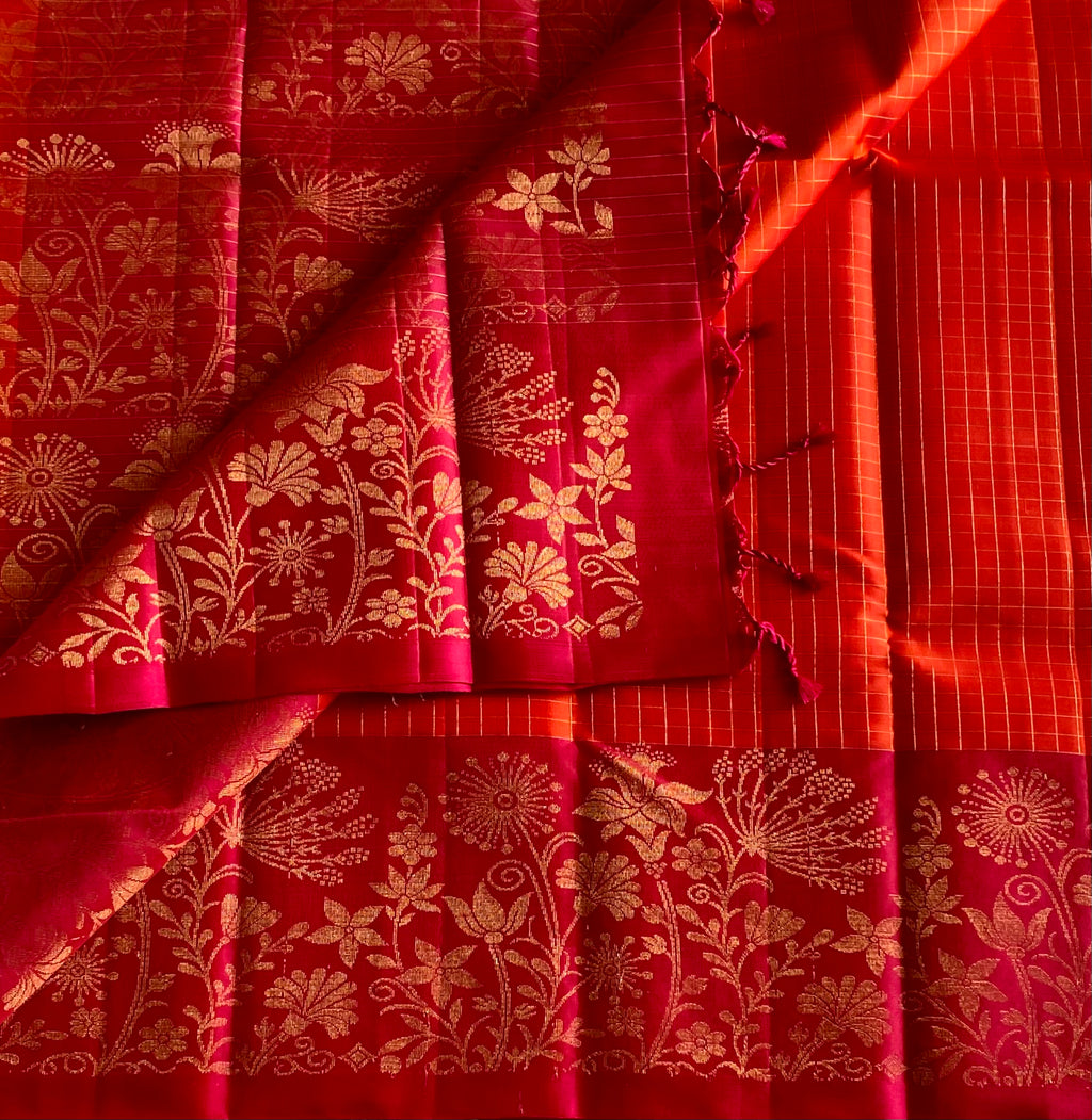 Ethereal Magenta Gold Brocade Saree with Vermilion Checked Pallu Border