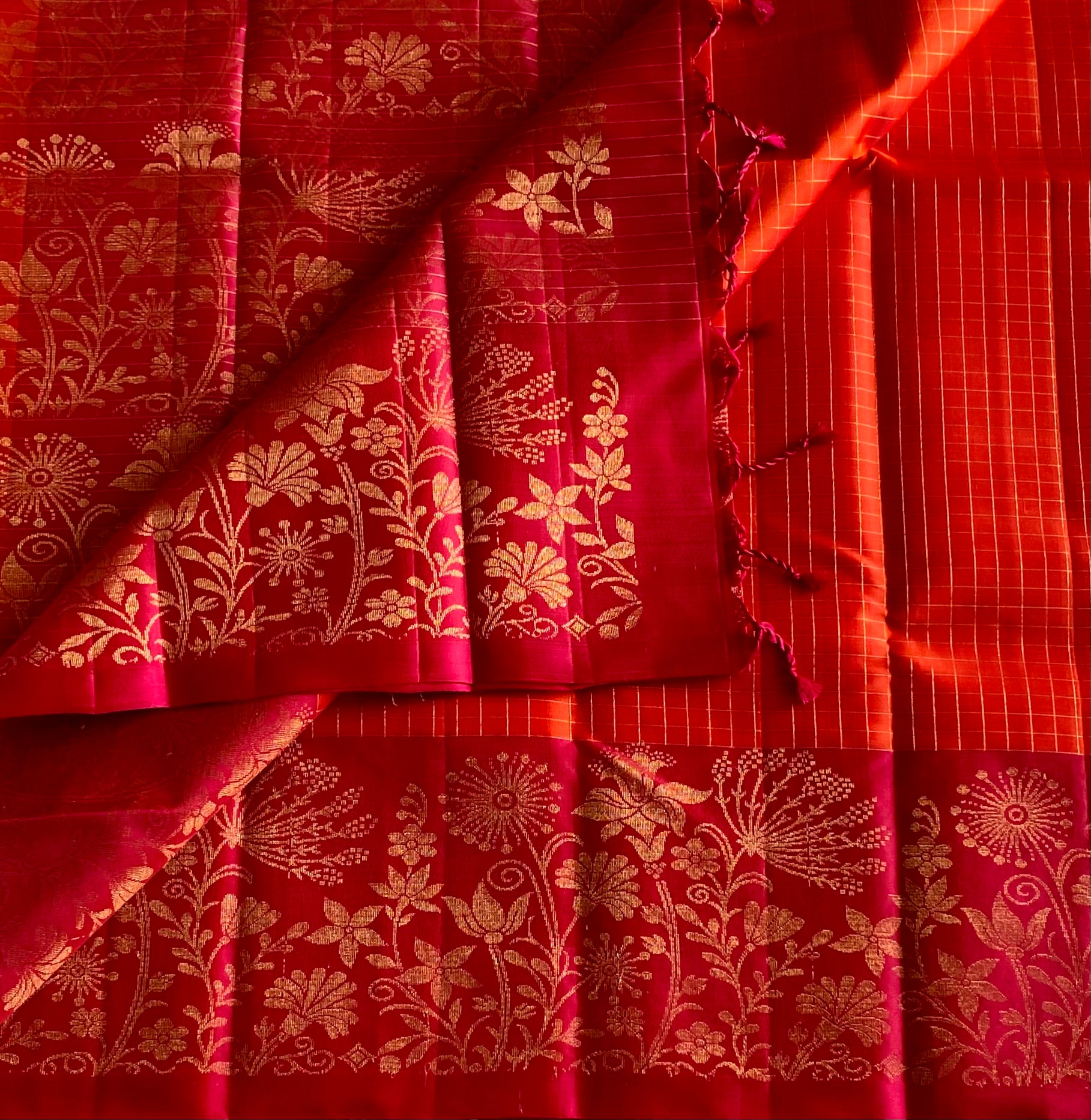 Ethereal Magenta Gold Brocade Saree with Vermilion Checked Pallu Border
