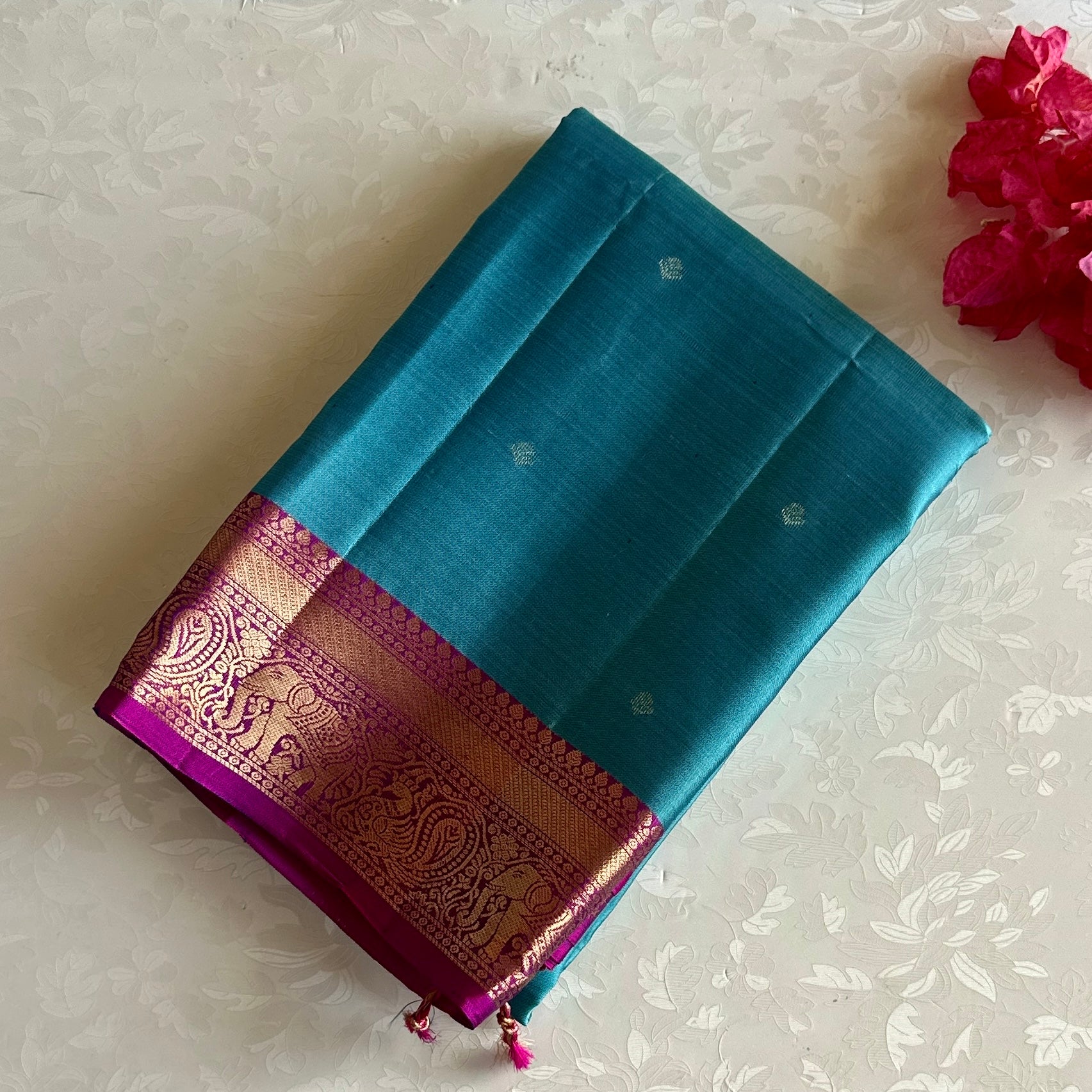 Teal Blue Designer Pure Silk Saree With Magenta Pallu And Gold Zari