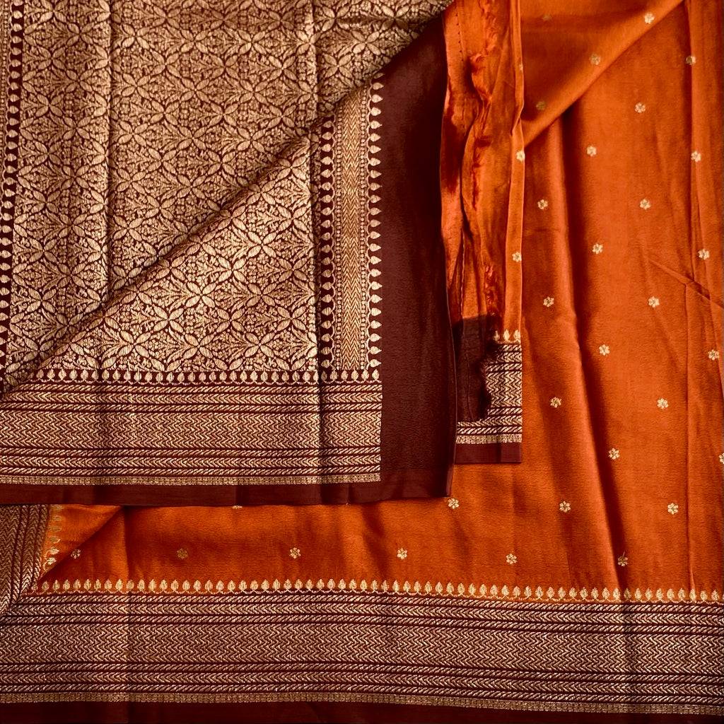 Burnt Orange Soft Tussar Silk Saree With Deep Maroon Border