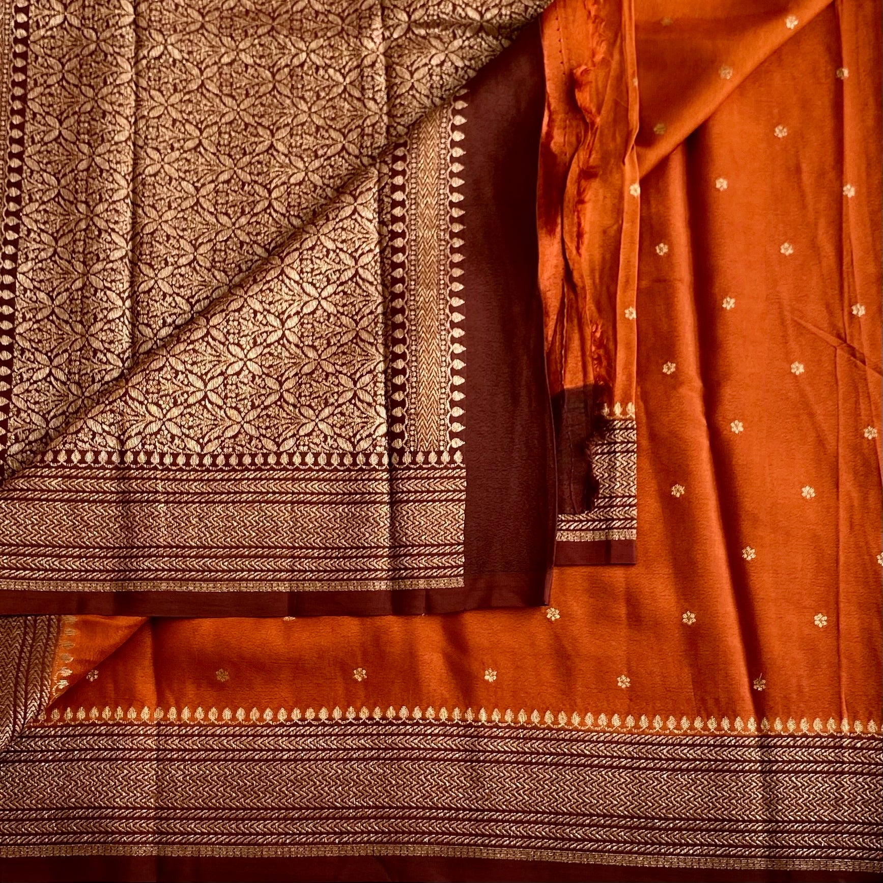 Burnt Orange Soft Tussar Silk Saree With Deep Maroon Border
