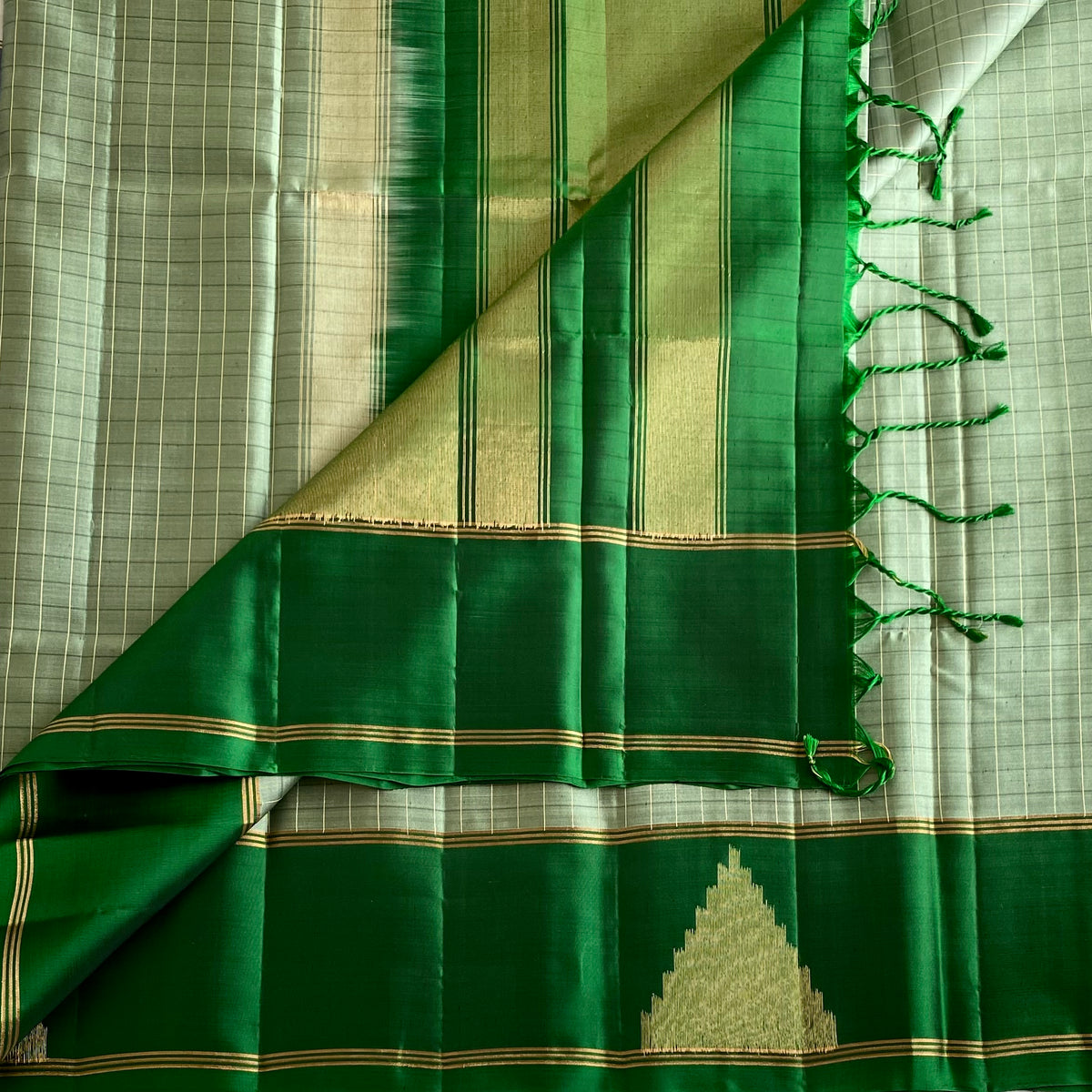 Rare Sage Green Designer Pure Silk Saree With Emerald Green Pallu