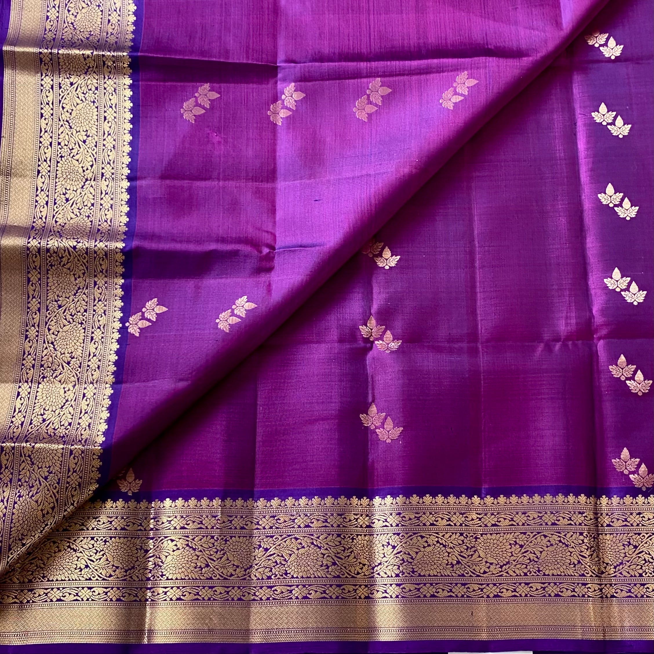 Deep Magenta Silk Saree with Gold Brocade Floral Pallu Border