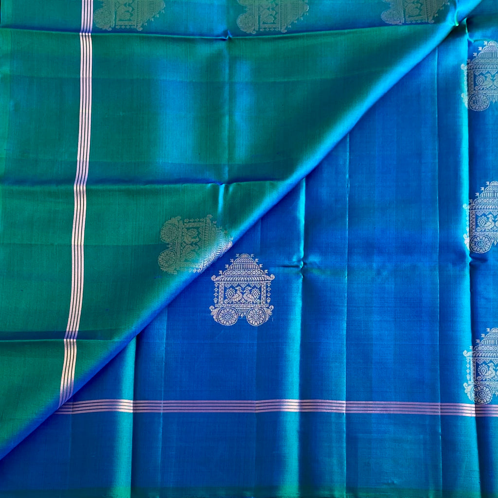 Dual Shaded Peacock Bluish Green Designer Pure Silk Saree