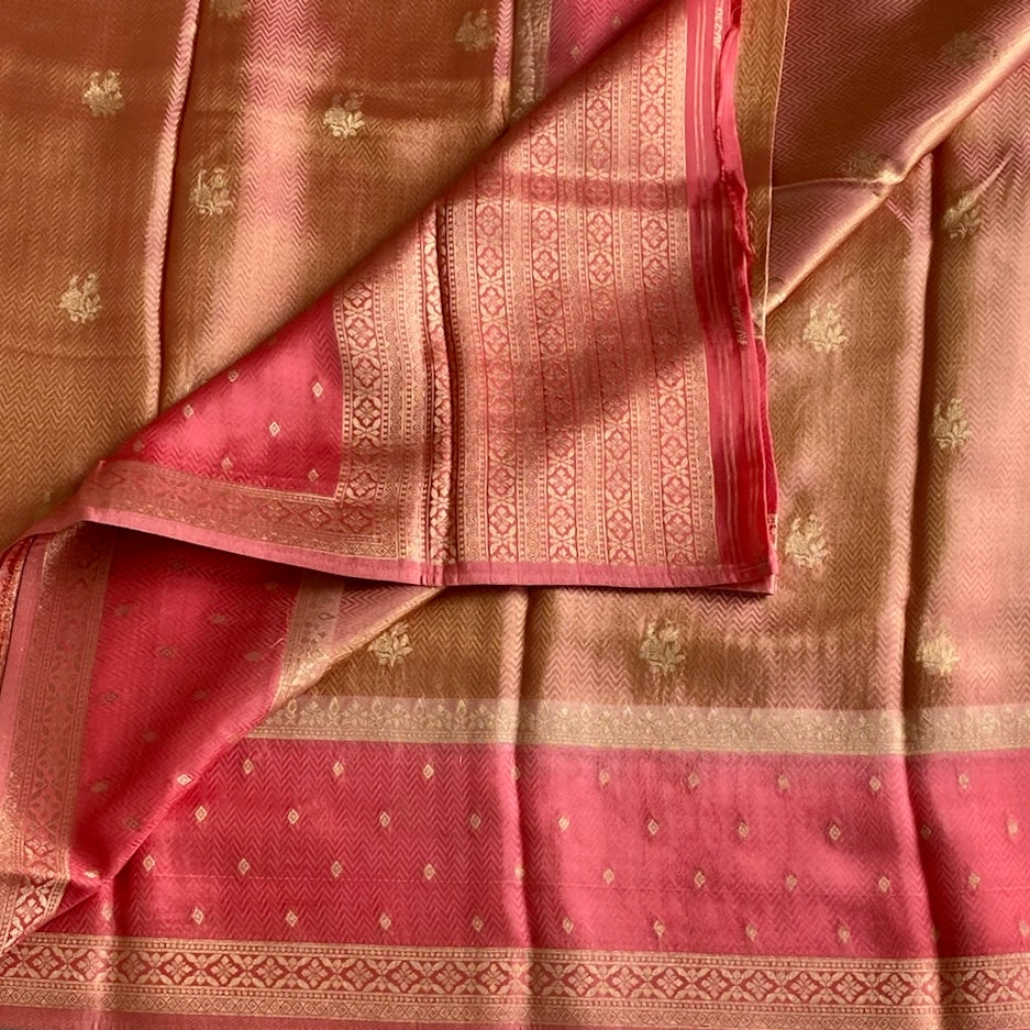 Copper Brown Soft Tussar Silk Saree With Rani Pink Pallu