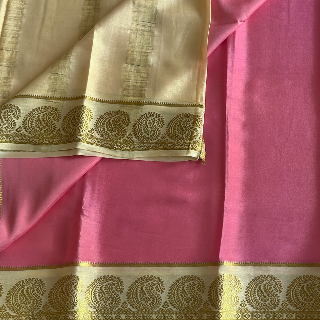 Soft rose pink with Gold Paisley Border pure Mysore silk