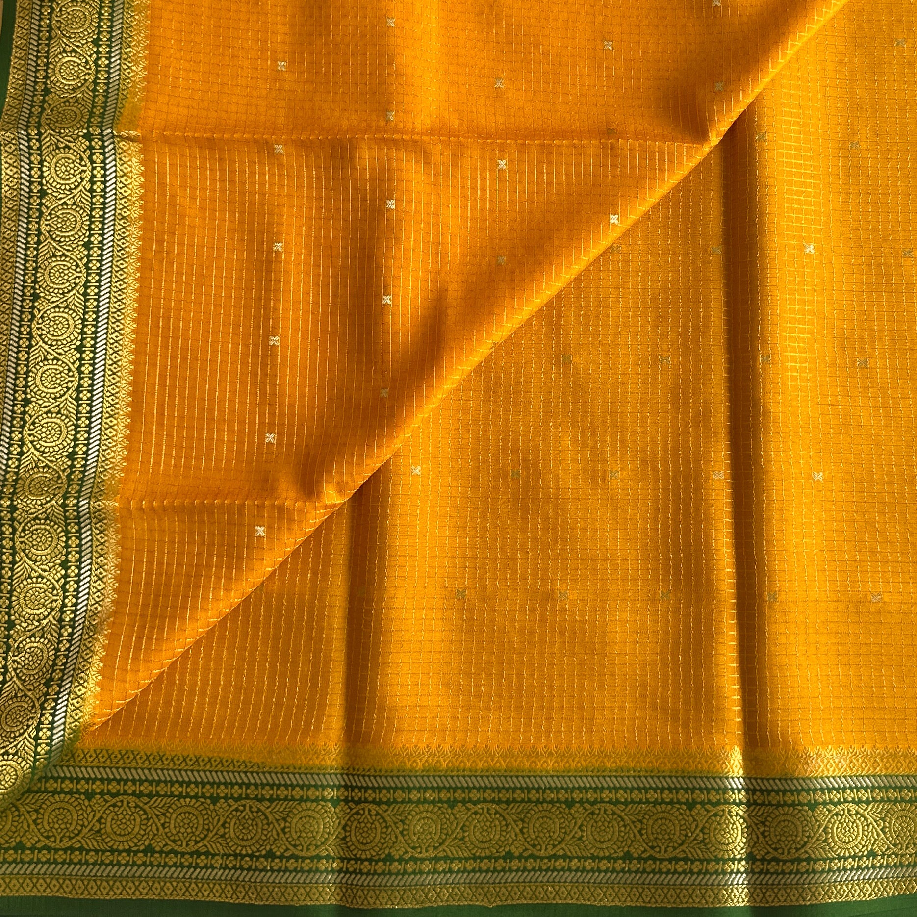 Mustard Yellow Saree With Gold Paisley Zari Border And Green Hem