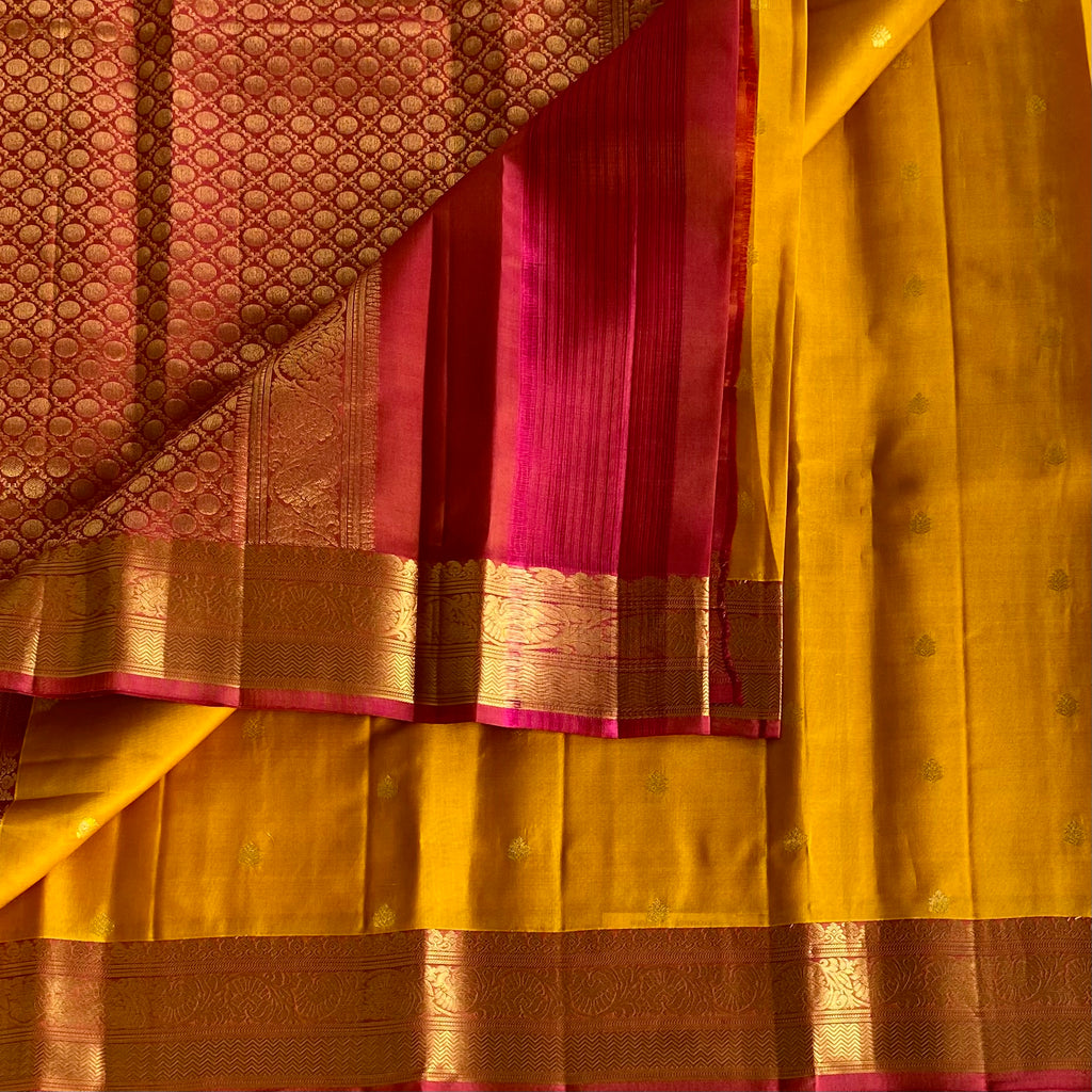 Mustard Yellow Designer Pure Silk Saree With Rani Pink Pallu